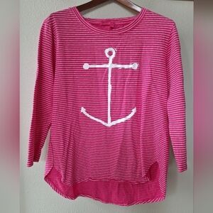 Fresh Produce Womens Pink/White Striped Nautical Anchor Top Cotton Size L